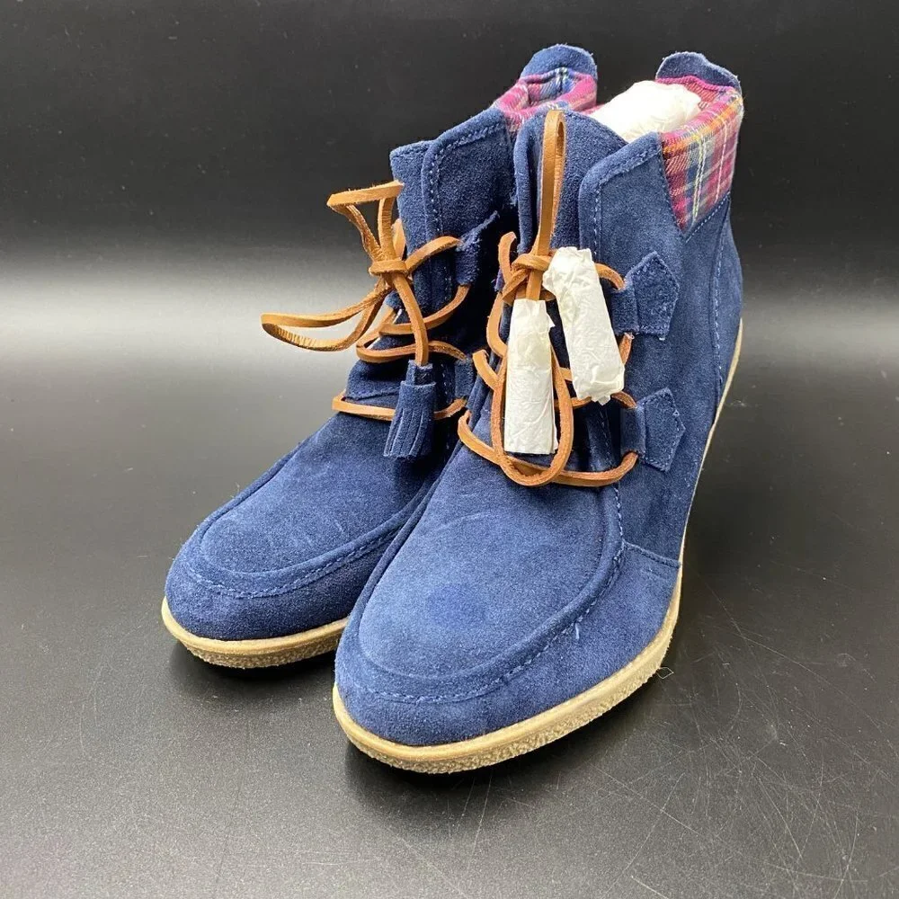 Tommy Hilfiger Slate Blue Suede Plaid Wedge Shoes Women's Size 8.5
